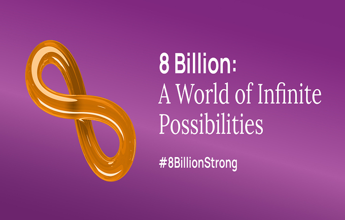 Poster dedicated to 8 billion campaign with the sign of infinity