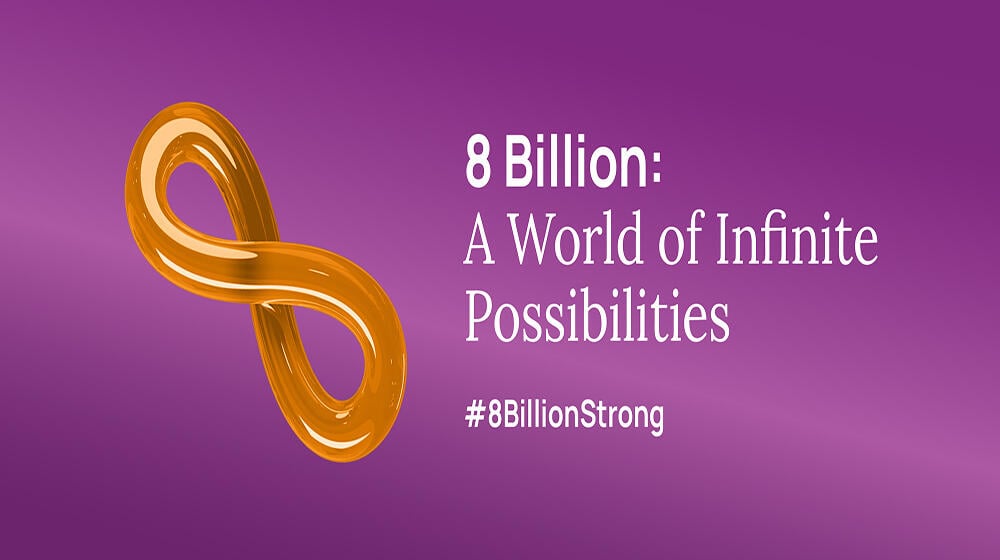 Poster dedicated to 8 billion campaign with the sign of infinity